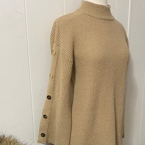 As U Wish Camel Turtleneck Sweater with Button Accents